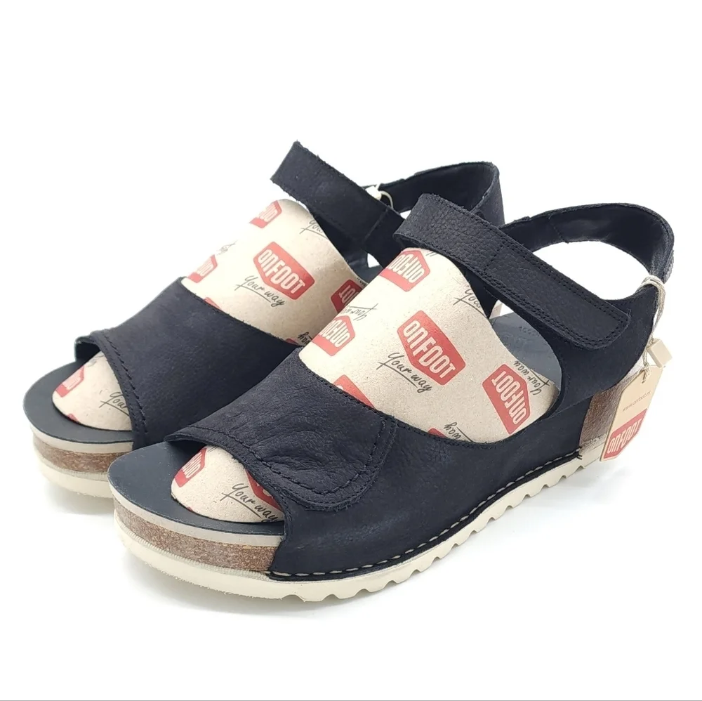 On Foot Wedge Casual Comfort Sandal Black Suede Leather Size 41 US 9.5